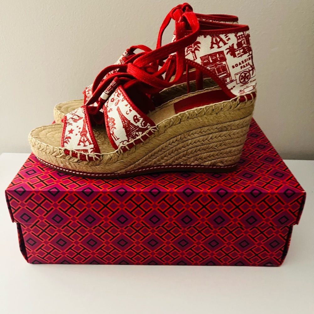 Tory Burch Red Lace-Up Espadrille Sandals